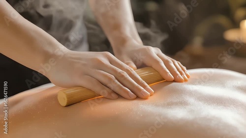 Professional therapist providing a relaxing warm bamboo massage with steaming sticks on a client's back for deep tissue muscle relief in a spa