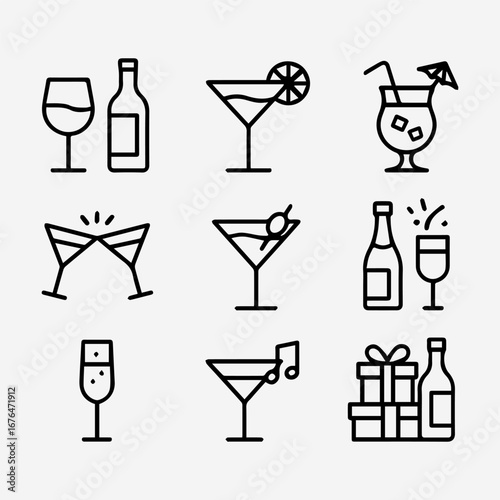 Outlined Cocktail and Wine Icons Representing Celebration and Festive Beverages.