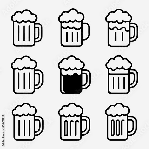 Outlined Beer Mugs with Frothy Foam Varying Fill Levels and Designs.