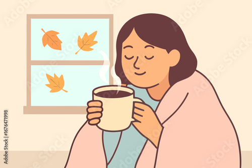 Flat vector of cozy autumn moment—person sipping hot coffee under a blanket with falling leaves outside the window. Pastel colors, minimalist design, perfect for lifestyle content.
