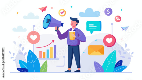 Man with megaphone promoting business growth and sales
