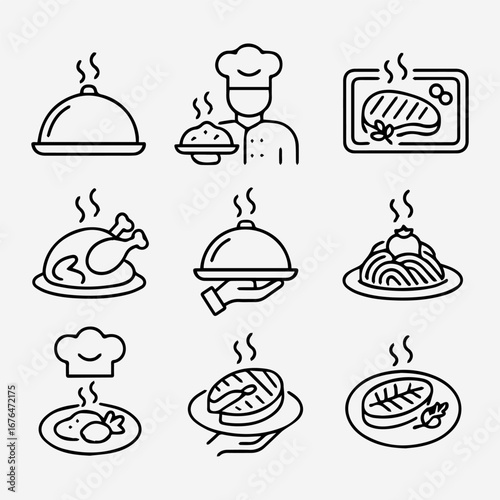 Simple Line Art Icons of Various Prepared Food Dishes.