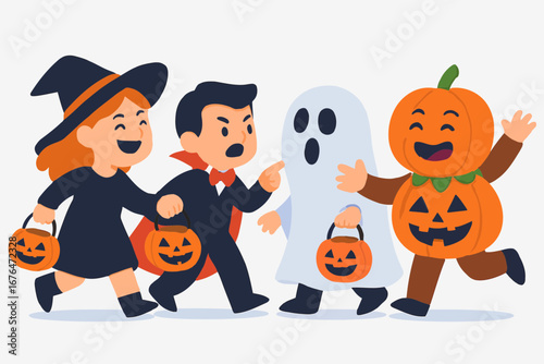 Flat vector of playful kids in Halloween costumes—witch, vampire, ghost, and pumpkin—laughing, running, and teasing. Bold colors, clean design, perfect for digital use.
