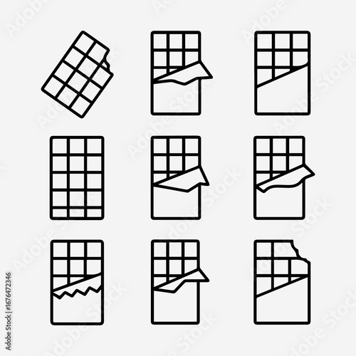 Various Chocolate Bars in Different Stages of Consumption Illustrated in Black Outline.