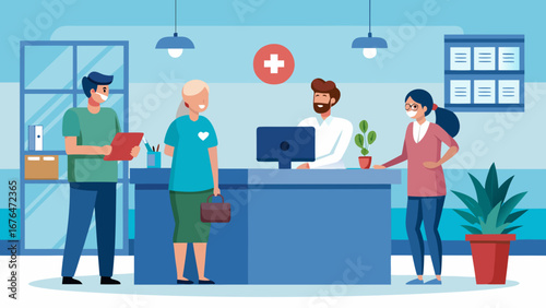 People in a medical office with a reception desk area