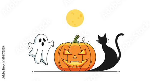 Minimalist Halloween vector with glowing jack-o’-lantern, ghost, black cat, and full moon. Clean flat design perfect for posters, web, and seasonal digital art.