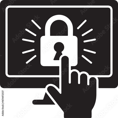 Computer security icon with a hand clicking a lock silhouette isolated on transparent background