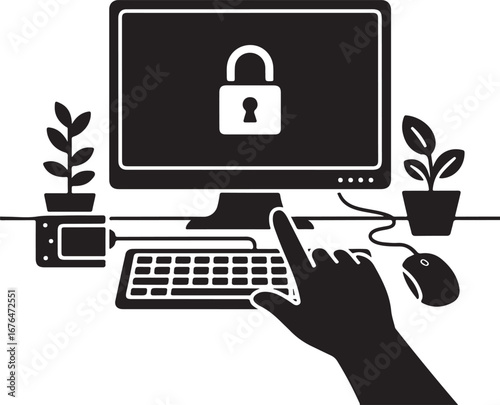 Computer security icon with hand clicking isolated on transparent background silhouette