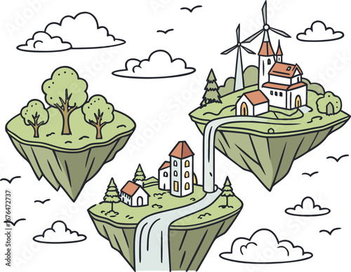 Cartoon floating islands with houses windmills and waterfalls connected by water streams fantasy landscape EPS vector file download