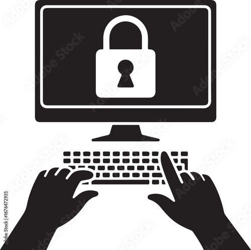 Computer security icon with hand clicking isolated on transparent background silhouette