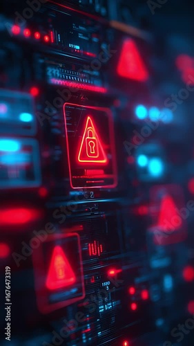 Red glowing digital lock warning symbol on a futuristic computer interface with cyber elements and neon lights. Concept of cybersecurity, hacking alert, data protection, and digital security breach
