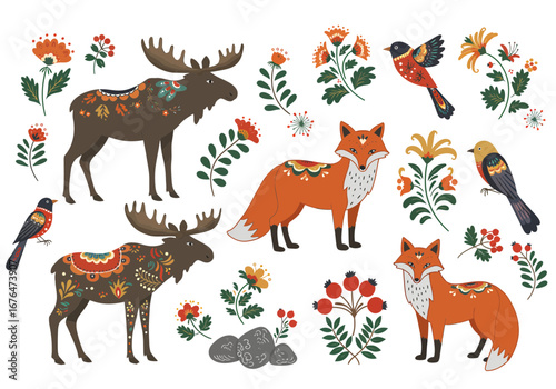 Charming forest creatures and folk art inspired floral elements create a whimsical woodland scene