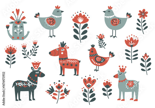 Charming folk art collection featuring whimsical animals and floral elements in a festive Scandinavian style.