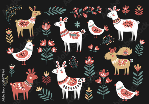 Charming folk art llamas and birds adorned with floral motifs create a whimsical, festive design perfect for playful themes.