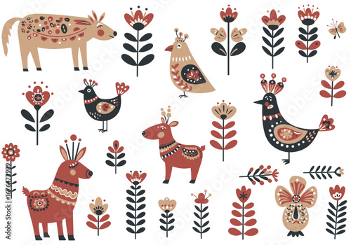 Charming folk art animals and floral patterns create a whimsical, handcrafted aesthetic for creative projects.