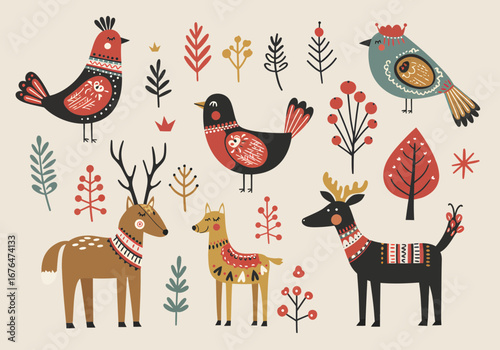 Charming folk art deer and birds with festive patterns create enchanting winter holiday scenes