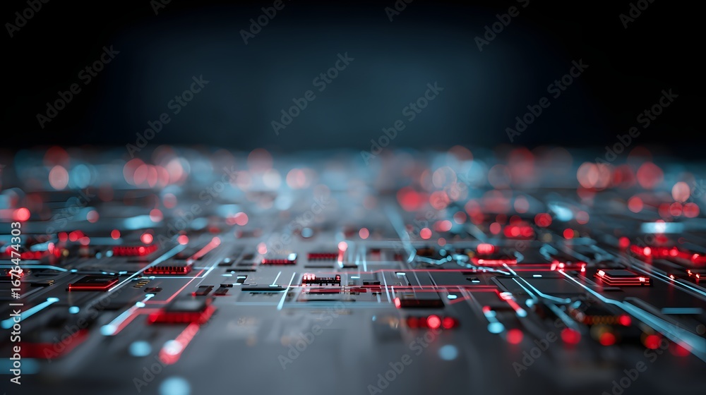 Obraz premium A complex circuit board design, highlighted with glowing red and teal lines, showcasing a futuristic and technological aesthetic.