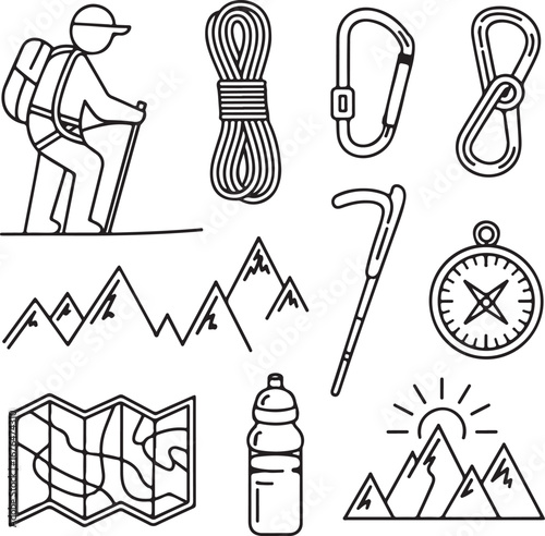 Outdoor Expedition Hand-Drawn Line Icon Pack Climber Silhouette, Rope, Harness, Carabiner, Water Bottle, Hiking Stick, Map, Compass, and Mountain Summit Graphics