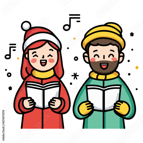 caroling, singing hymns, christmas, christmas eve, festival, vector, transparent background, people, icon, cute, xmas, winter, cold, celebration
