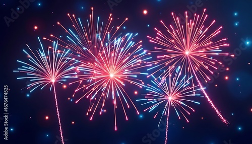 Fireworks Display with Red and Blue Light Bursts in Dark Sky