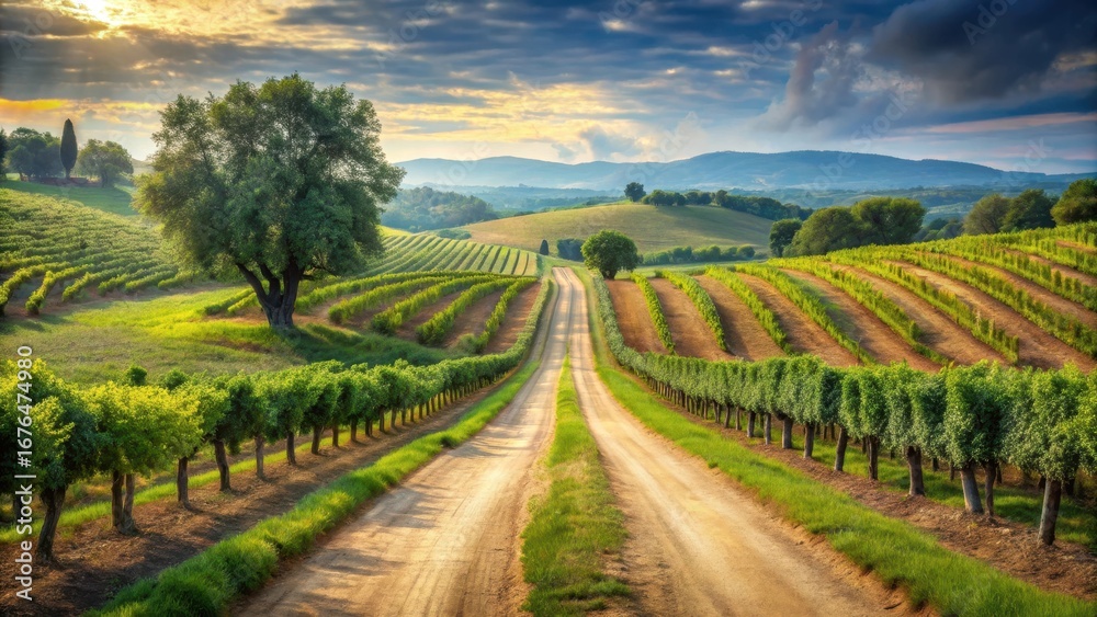 Naklejka premium A winding dirt road leads through a lush vineyard landscape with rows of grapevines and olive trees along either side of the curved path