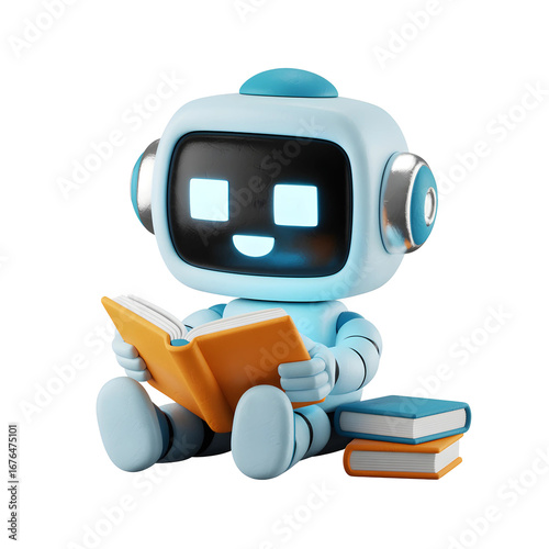 Cute robot cartoon character reading a book isolated on transparent background