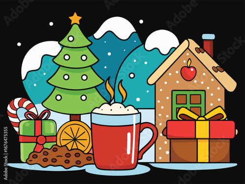 Cozy Christmas scene with gingerbread house, decorated tree, hot chocolate, cookies and gifts winter EPS vector file download