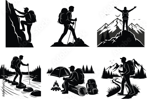 Hiking adventure vector illustration, outdoor trekking scenes, mountain climbing, camping, nature exploration, wilderness travel, black and white sketch, forest trail, scenic journey
