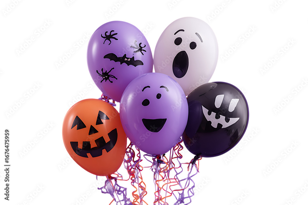 Obraz premium Colorful halloween balloons with spooky faces isolated on transparent background.