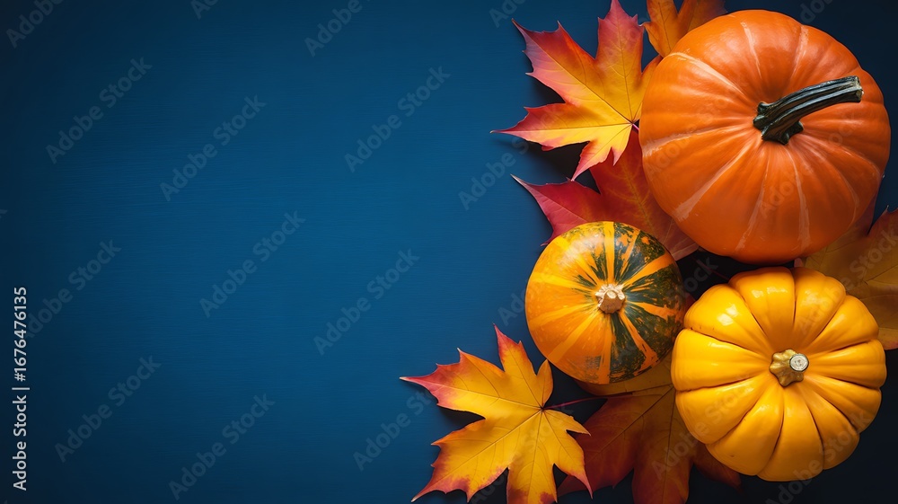 Fototapeta premium Pumpkins and Red Leaves Lined Up on Blue Background – Thanksgiving Banner Style