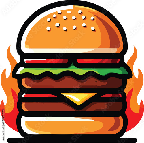 Delicious double patty cheeseburger with lettuce tomato and cheese surrounded by stylized orange flames on a white background EPS vector file download