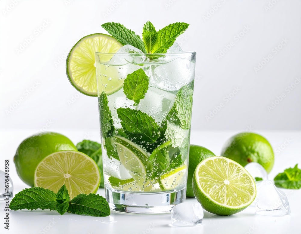 Fototapeta premium Refreshing Mojito Cocktail with Lime, Mint, and Ice Cubes