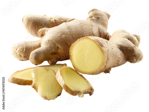 Fresh ginger root and slices isolated on transparent background.