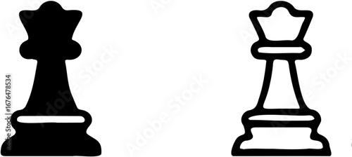 vector illustration of chess piece silhouette and line art icon, isolated on white