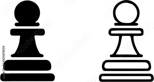 vector illustration of chess piece silhouette and line art icon, isolated on white