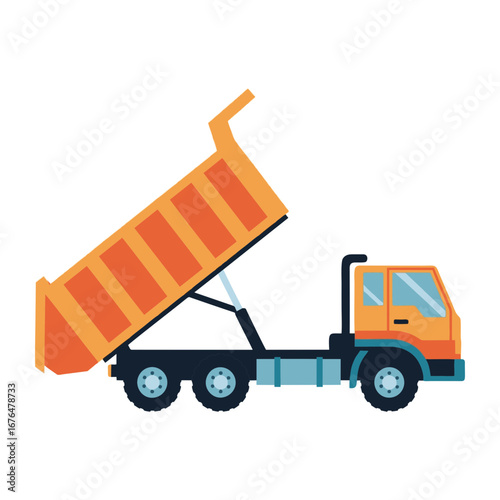 vector illustration of a dump truck, hydraulic lift cargo bed tilted upwards, construction vehicle, plain white background.