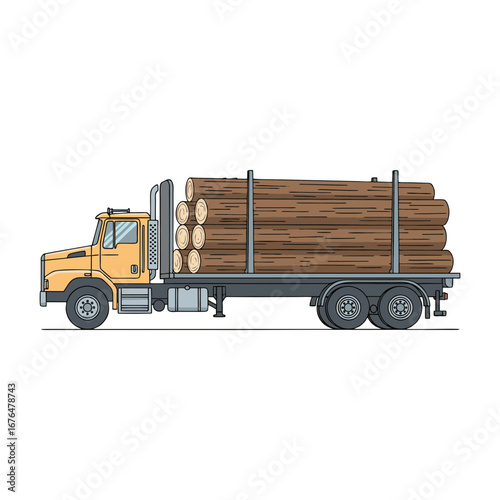 vector illustration of a logging truck, open flatbed carrying large logs, plain white background.