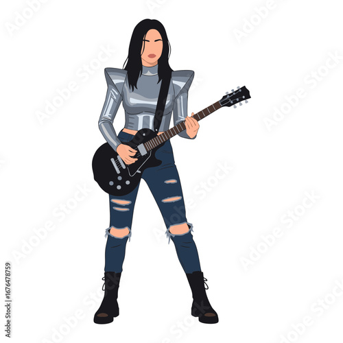 Vector illustration of a female musician wearing a metal outfit and jeans, standing and playing a electric guitar. Plain white background.