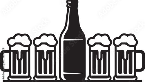 Stylized black and white line art beer bottle silhouette isolated on transparent background