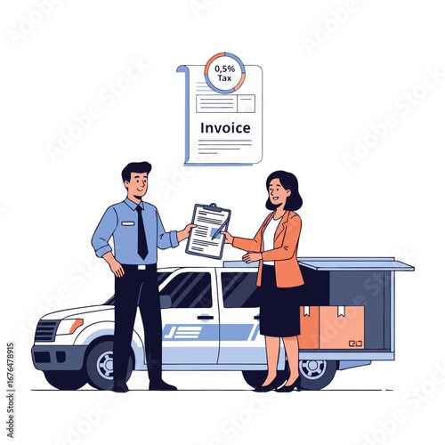 
Vector illustration of a shipping payment with a percentage (0.5% Tax) and a floating invoice above it, infographic style. Plain white background.