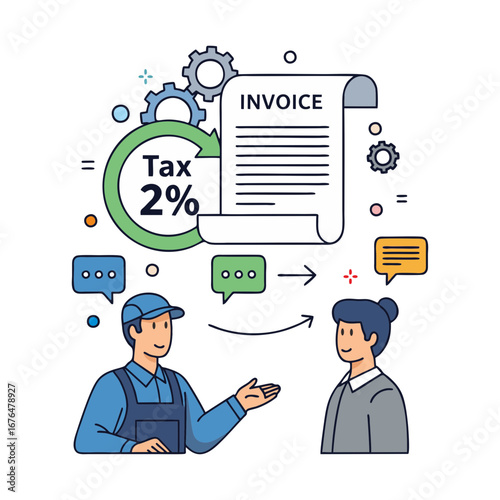 Vector illustration of a technician explaining service tax to a customer with a percentage (0.5% tax) and an invoice floating above it, infographic style. Plain white background.