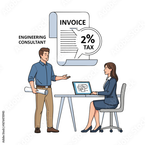Vector illustration of payment for engineering consultant services with percentage (2% Tax) and floating invoice above it, infographic style. Plain white background.