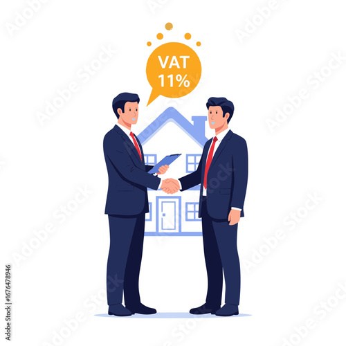 Vector illustration of a customer purchasing a house unit with a percentage (11% VAT) floating above it, infographic style. Plain white background.