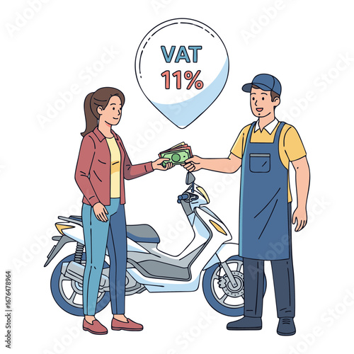Vector illustration of a customer paying for a motorcycle with a tax percentage symbol (11% VAT) floating above him, infographic style, flat design, bright colors. Plain white background.