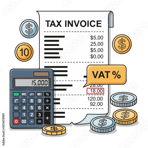 vector illustration of a tax invoice or receipt with highlighted VAT percentage, calculator, and coins around, educational infographic style. Flat vector. Plain white background.
