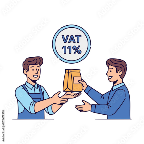 vector illustration of a business transaction concept showing goods exchange: a shop owner handing over products to a customer, with tax percentage symbol (11%) floating above, infographic style, flat