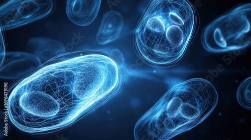 Microscopic view of biotechnology innovation with cinematic dramatic depth, futuristic life sciences concept