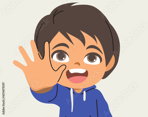 Cartoon illustration of a cute baby boy showing his palm hand with five fingers. Drawing for checklists, tips, childhood learning, educational materials and parenting concepts