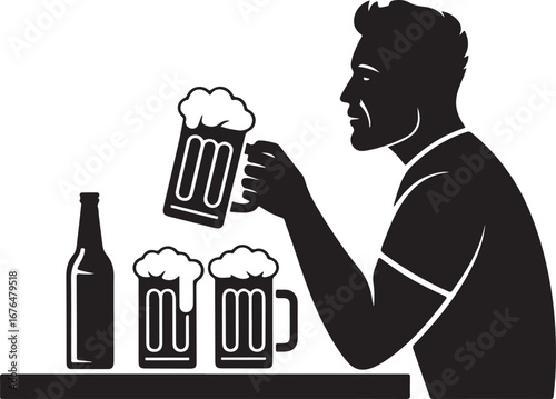 Stylized black and white line art beer bottle silhouette isolated on transparent background