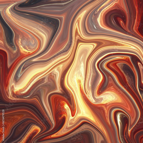 Fiery abstract swirl with molten textures in gold, red, and black. Dynamic liquid art background ideal for creative design, fashion, or modern interiors.